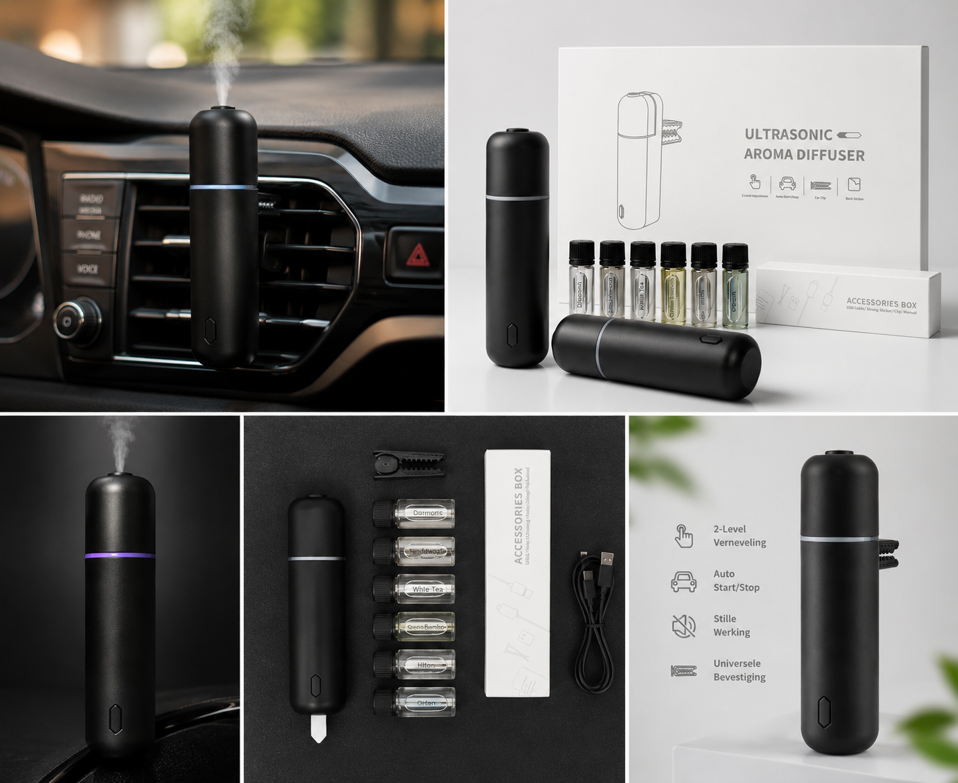 Auto Diffuser Draadloos – Ultrasonische Aroma Diffuser voor Auto – Inclusief 6 Luxe Geuren – USB-C Oplaadbaar – Zwart