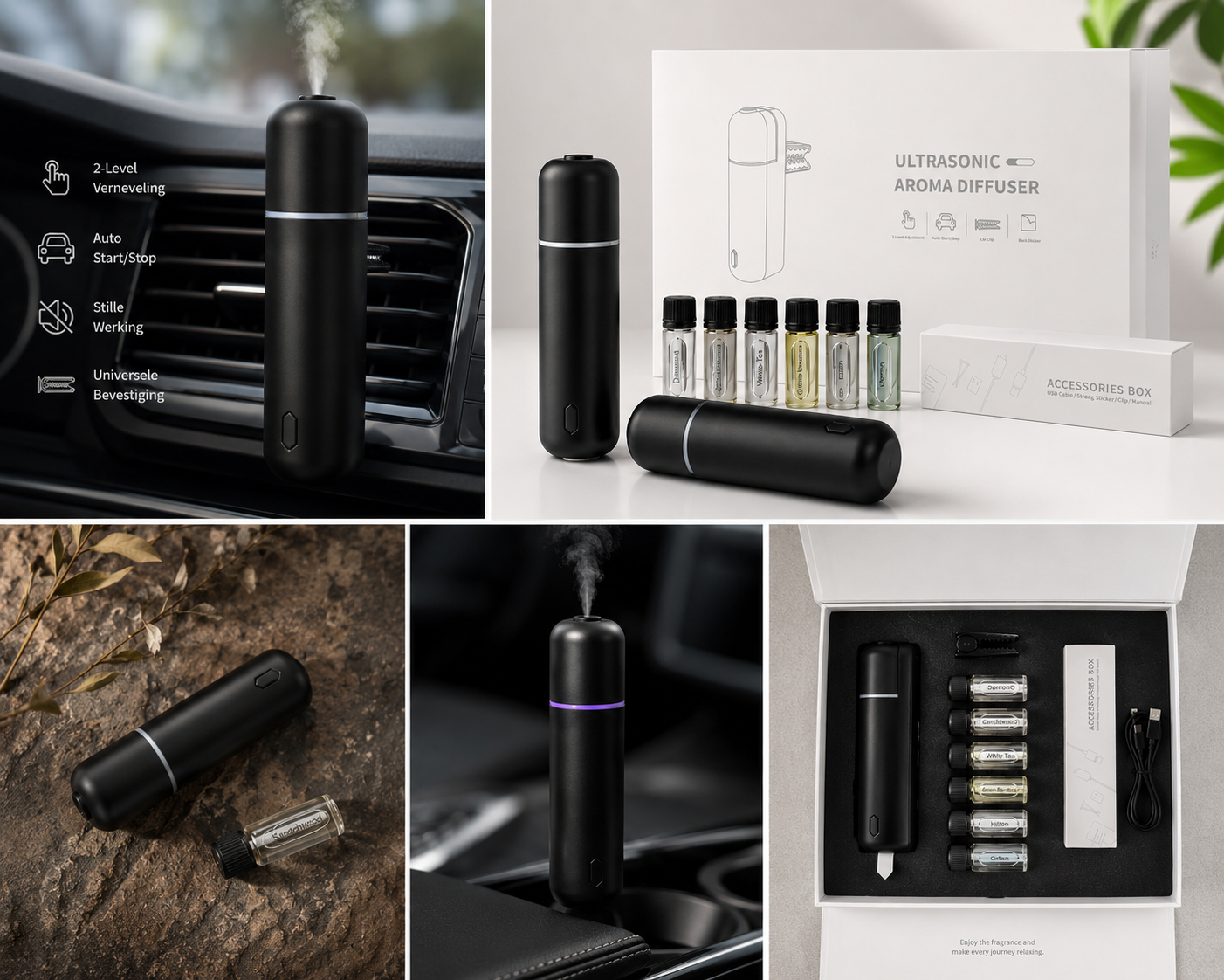 Auto Diffuser Draadloos – Ultrasonische Aroma Diffuser voor Auto – Inclusief 6 Luxe Geuren – USB-C Oplaadbaar – Zwart